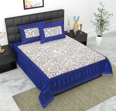 Satnam Prints Cotton Double Flat 144 TC Jaipuri Prints Bedsheet(Pack of 1, Blue)