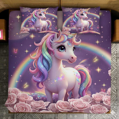 Woolpik Cotton Queen Flat 300 TC 3D Printed Bedsheet(Pack of 1, 7D BEDSHEETS Unicom Design)