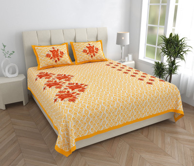 ABHACLOTHO Cotton Double Flat 144 TC Jaipuri Prints Bedsheet(Pack of 1, Yellow)