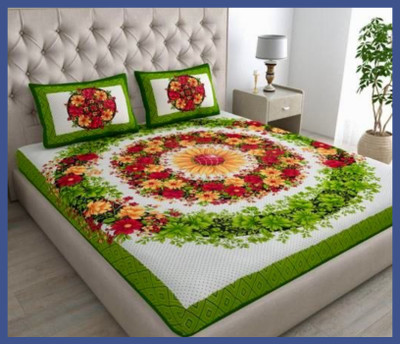 BedZone Cotton Double Flat 240 TC Jaipuri Prints Bedsheet(Pack of 1, Green)