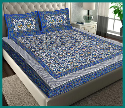 BedZone Cotton Double Flat 240 TC Jaipuri Prints Bedsheet(Pack of 1, Blue)