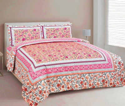 BharatLinen Cotton King Flat 260 TC Jaipuri Prints Bedsheet(Pack of 1, Peach, Pink, Grey, Maroon)
