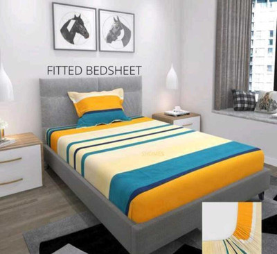 OLDENNA Cotton Single Fitted (Elastic) 230 TC Striped Bedsheet(Pack of 1, Multicolor)