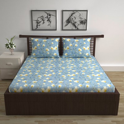 Divine Casa 144 TC Cotton Double Floral Flat Bedsheet(Pack of 1, Powder Blue)