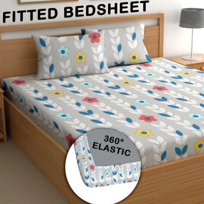 CG Homes 210 TC Microfiber King Printed Fitted (Elastic) Bedsheet(Pack of 1, Grey Leaf)