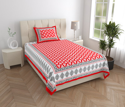 Mandakini 140 TC Cotton Single Jaipuri Prints Flat Bedsheet(Pack of 1, DAKR RED)