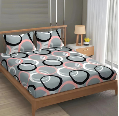ikaan décor Cotton Queen Fitted (Elastic) 220 TC Geometric Bedsheet(Pack of 1, Grey)