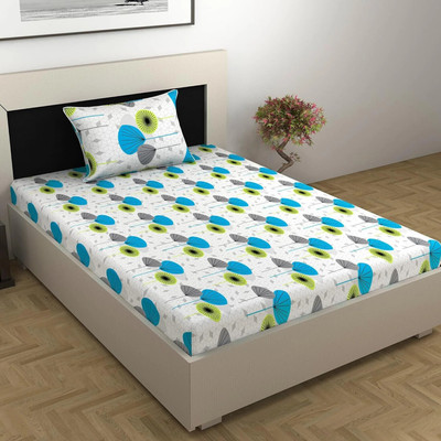 Divine Casa Cotton Single Flat 144 TC Floral Bedsheet(Pack of 1, Blue Atoll)
