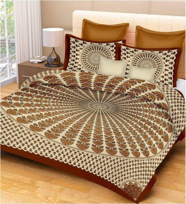 KANDY SHOP Cotton King Flat 144 TC Jaipuri Prints Bedsheet(Pack of 1, Brown)