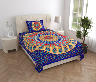 Monik Handicrafts 144 TC Cotton Single Jaipuri Prints Flat Bedsheet(Pack of 1, Blue)
