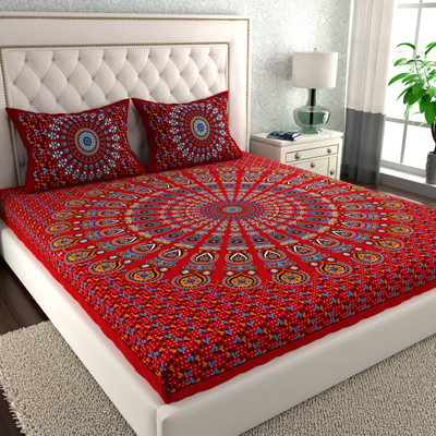 CLOTHOLOGY Cotton Double Flat 144 TC Jaipuri Prints Bedsheet(Pack of 1, Red, Blue, Orange)