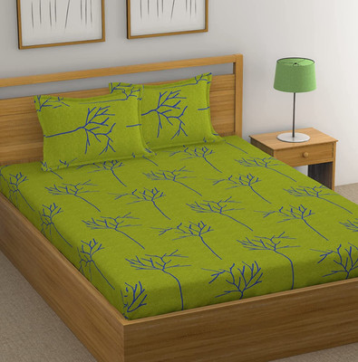 Huesland Cotton King Flat 144 TC Floral Bedsheet(Pack of 1, Green)