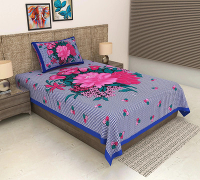 METRO LIVING Cotton Single Flat 144 TC Jaipuri Prints Bedsheet(Pack of 1, Blue)