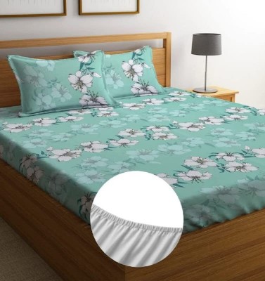 Profit blitz 200 TC Microfiber King Floral Fitted (Elastic) Bedsheet(Pack of 1, AQUA)