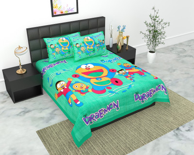 E ELMA Cotton Double Flat 144 TC Cartoon Bedsheet(Pack of 1, Green)