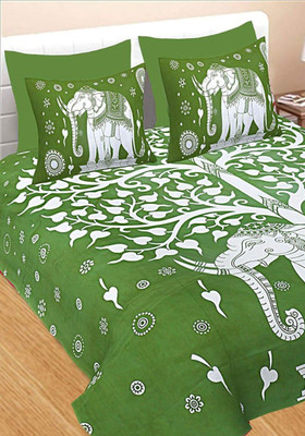 KANDY SHOP Cotton Double Flat 250 TC Jaipuri Prints Bedsheet(Pack of 1, Green)