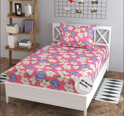 P.Rtrend 200 TC Cotton Single Floral Fitted (Elastic) Bedsheet(Pack of 1, Pink)