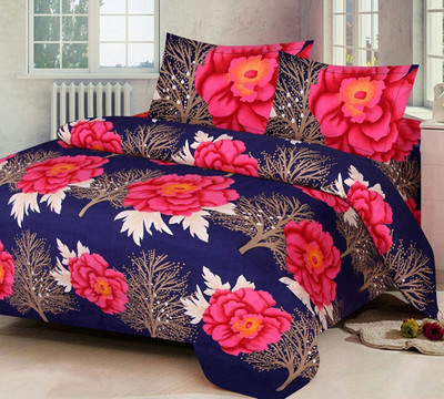 akr CREATION 144 TC Cotton Double Printed Flat Bedsheet(Pack of 1, Blue)