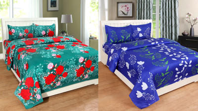 HSR Collection Cotton Double Flat 210 TC 3D Printed Bedsheet(Pack of 2, Multicolor)
