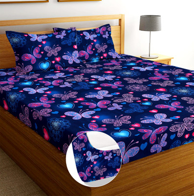 Moonroof Cotton Double Fitted (Elastic) 244 TC Printed Bedsheet(Pack of 1, Blue Butterfly)