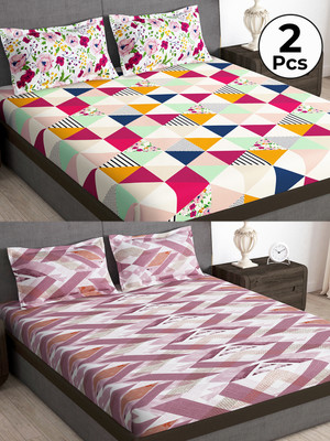 Story@home 180 TC Microfiber Double Abstract Flat Bedsheet(Pack of 1, Multicolor, Pink)