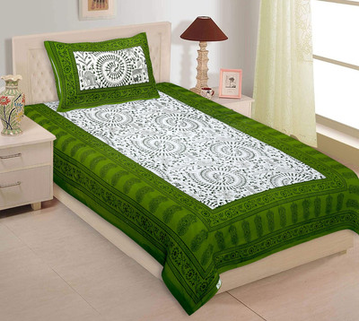 VNV Creation 180 TC Cotton Single Jaipuri Prints Flat Bedsheet(Pack of 1, Green)
