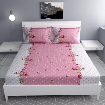 Rukshar 210 TC Cotton Double Printed Fitted (Elastic) Bedsheet(Pack of 1, Pink)