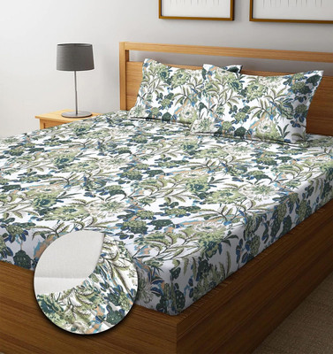 RRC 144 TC Cotton King Jaipuri Prints Fitted (Elastic) Bedsheet(Pack of 1, Green, White)
