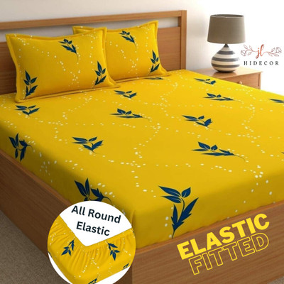 HIDECOR 240 TC Microfiber Double Floral Fitted (Elastic) Bedsheet(Pack of 1, Yellow)
