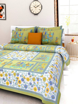 Lokesh Creashan Cotton King Flat 600 TC Printed Bedsheet(Pack of 1, Green)