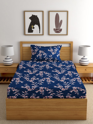 EXFAB 244 TC Cotton Single Printed Fitted (Elastic) Bedsheet(Pack of 1, Blue Patti)