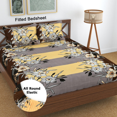 Panipat Textile Hub 144 TC Microfiber King 3D Printed Fitted (Elastic) Bedsheet(Pack of 1, Fitted Coffee)