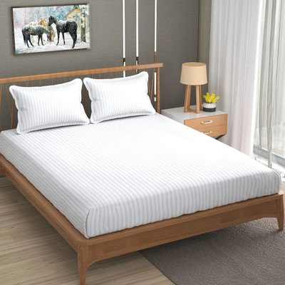 ATCamber Cotton Double Flat 300 TC Striped Bedsheet(Pack of 1, White)