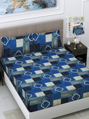 Fabinaliv 300 TC Cotton Blend Super King Geometric Fitted (Elastic) Bedsheet(Pack of 1, Navy Blue)