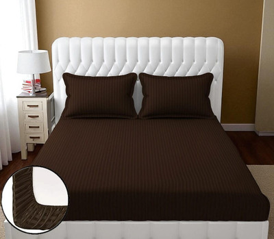 RADRUGS 175 TC Cotton Double Striped Fitted (Elastic) Bedsheet(Pack of 1, Brown)