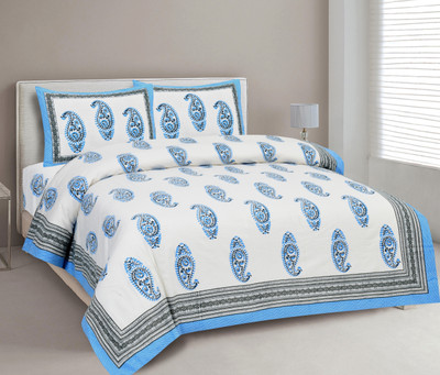CLOTHOLOGY Cotton King Flat 240 TC Jaipuri Prints Bedsheet(Pack of 1, Blue, Grey)