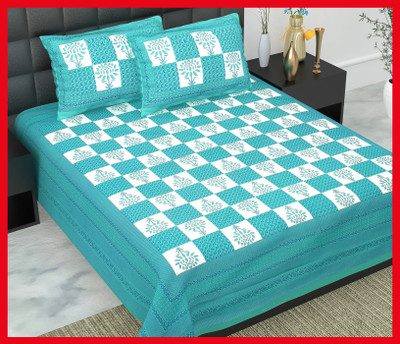 BedZone Cotton Double Flat 240 TC Jaipuri Prints Bedsheet(Pack of 1, Sky)