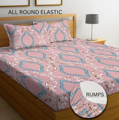 Rumps Cotton, Microfiber King Fitted (Elastic) 350 TC Striped Bedsheet(Pack of 1, Pink, cotton)