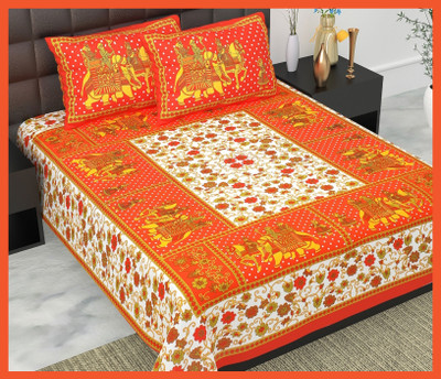 BedZone Cotton Double Flat 240 TC Jaipuri Prints Bedsheet(Pack of 1, Orange)