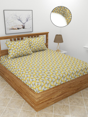 MORADO 210 TC Polycotton Double Geometric Fitted (Elastic) Bedsheet(Pack of 1, Yellow)