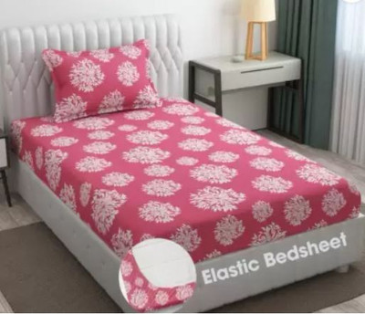 Geiva 180 TC Cotton Single Geometric Fitted (Elastic) Bedsheet(Pack of 1, Pink)