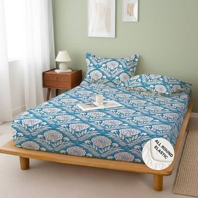 Weave & Decor Microfiber Super King Fitted (Elastic) 300 TC Floral 1 Bedsheet with 2 Pillow Covers(Blue)