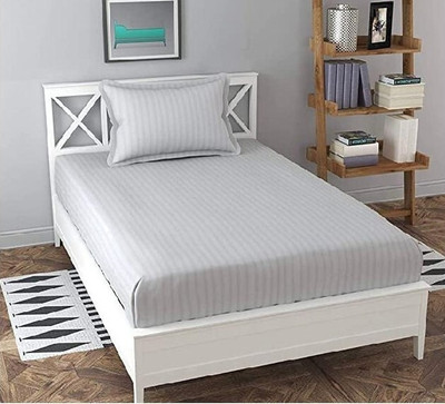 SHOVIJ 200 TC Satin Single Striped Fitted (Elastic) Bedsheet(Pack of 1, Grey)
