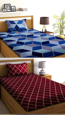 Decent Home Cotton Single Flat 240 TC Printed Bedsheet(Pack of 2, Blue & Maroon)