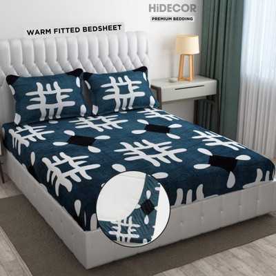 HIDECOR 350 TC Woolen King Printed Fitted (Elastic) Bedsheet(Pack of 1, Blue, Multicolor)