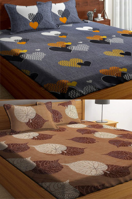 VORDVIGO 220 TC Cotton Queen Abstract Fitted (Elastic) Bedsheet(Pack of 2, Multicolor)