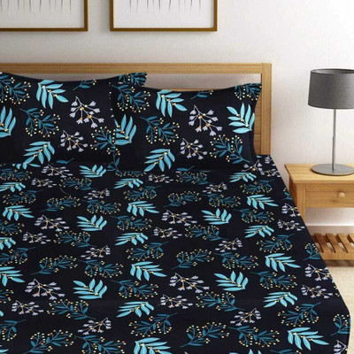 TINDLER KNOTS Cotton Double Fitted (Elastic) 210 TC Floral Bedsheet(Pack of 1, Blue)