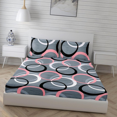 ARDM Cotton Double Fitted (Elastic) 210 TC Floral Bedsheet(Pack of 1, Grey)