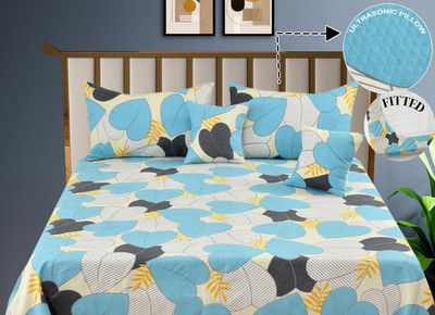 NCS Cotton Double Fitted (Elastic) 300 TC Floral Bedsheet(Pack of 1, 1 Bedsheet + 2 Quilted PillowCover + 2 Quilted CushionCovers with Filler)