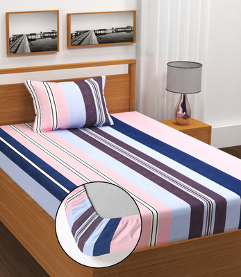 Crafteal Cotton Single Fitted (Elastic) 210 TC Self Design Bedsheet(Pack of 1, Multicolor)